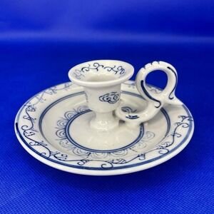 Blue & White Chamber Candlestick Holder Ming Dynasty Replica Vintage 60s Cottage
